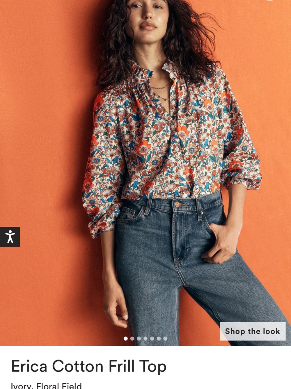 Boden Floral Button-Front Top in Orange, Teal & Brown - Picture 5 of 5